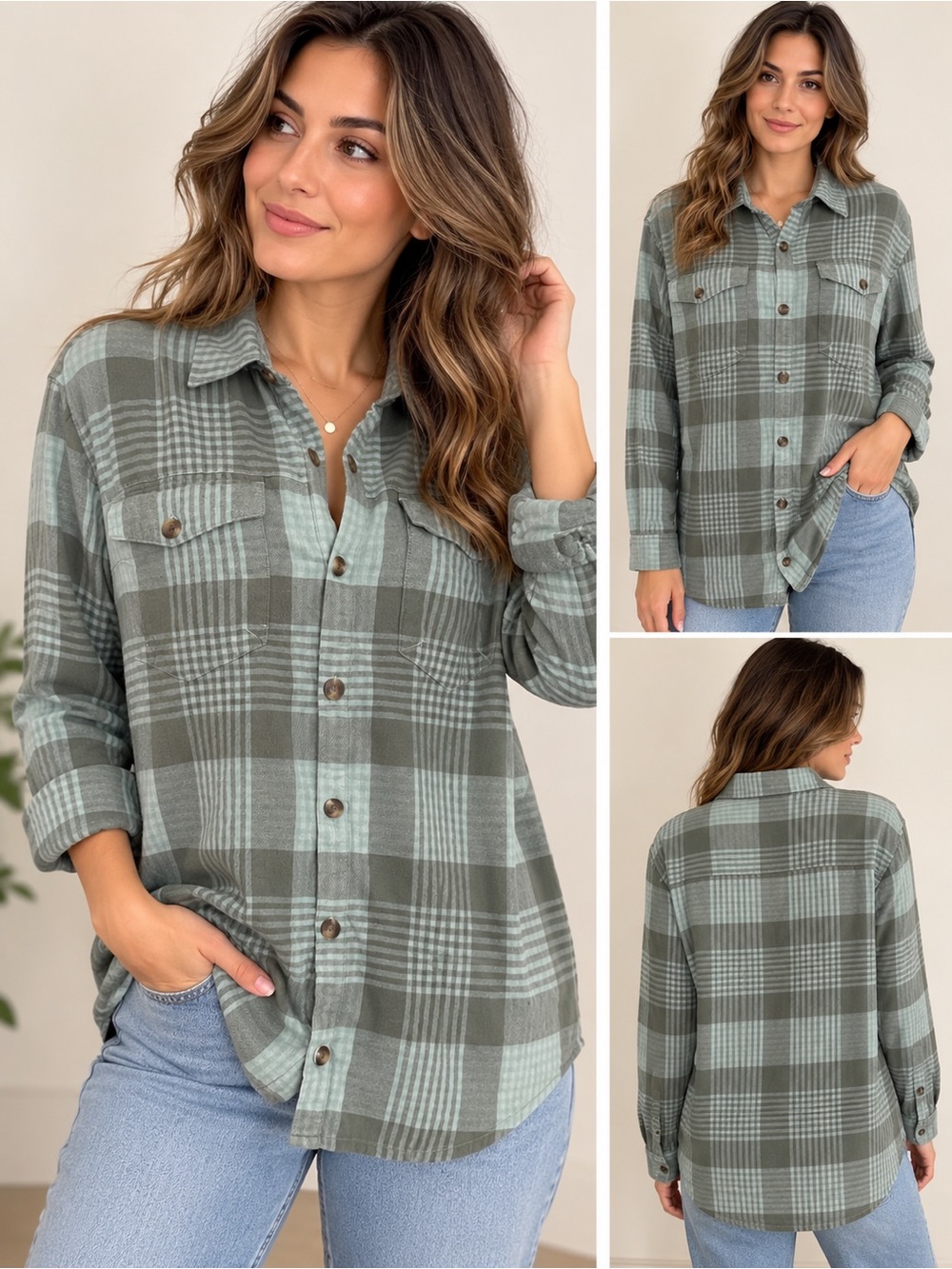 Roxy Women’s Plaid Flannel Button-Up Shirt Green Gray Size M